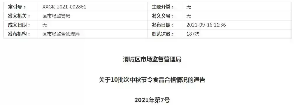 陕西省咸阳市渭城区市场监管局抽检10批次中秋节令食品均合格