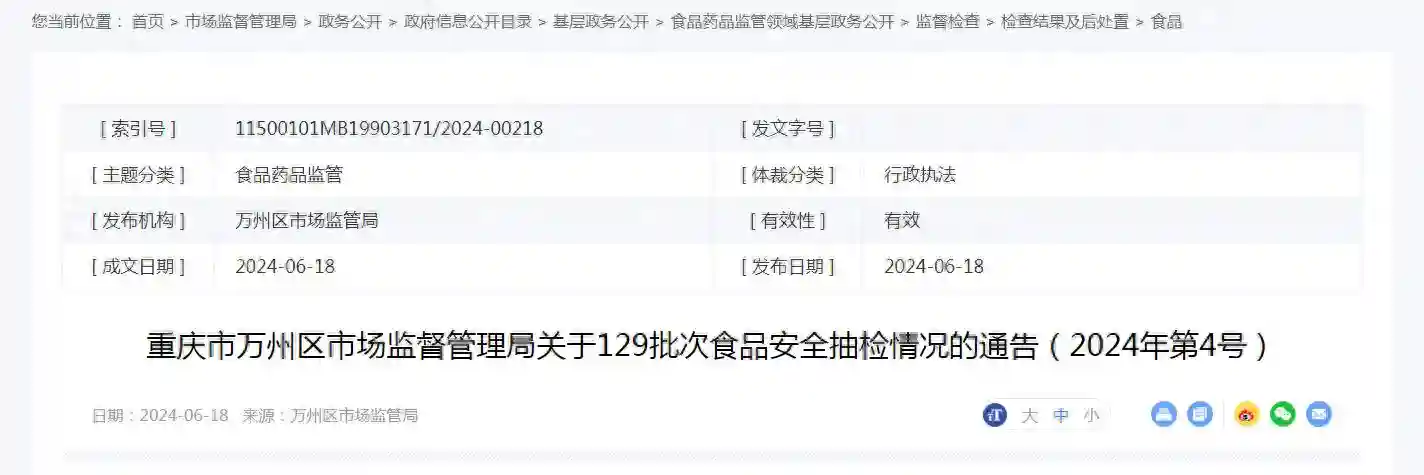 重庆市万州区市场监督管理局关于129批次食品安全抽检情况的通告（2024年第4号）