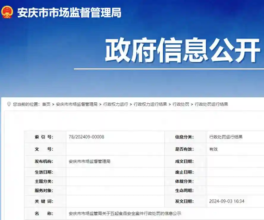 违反食品安全法，安徽安庆市5家经营企业被罚